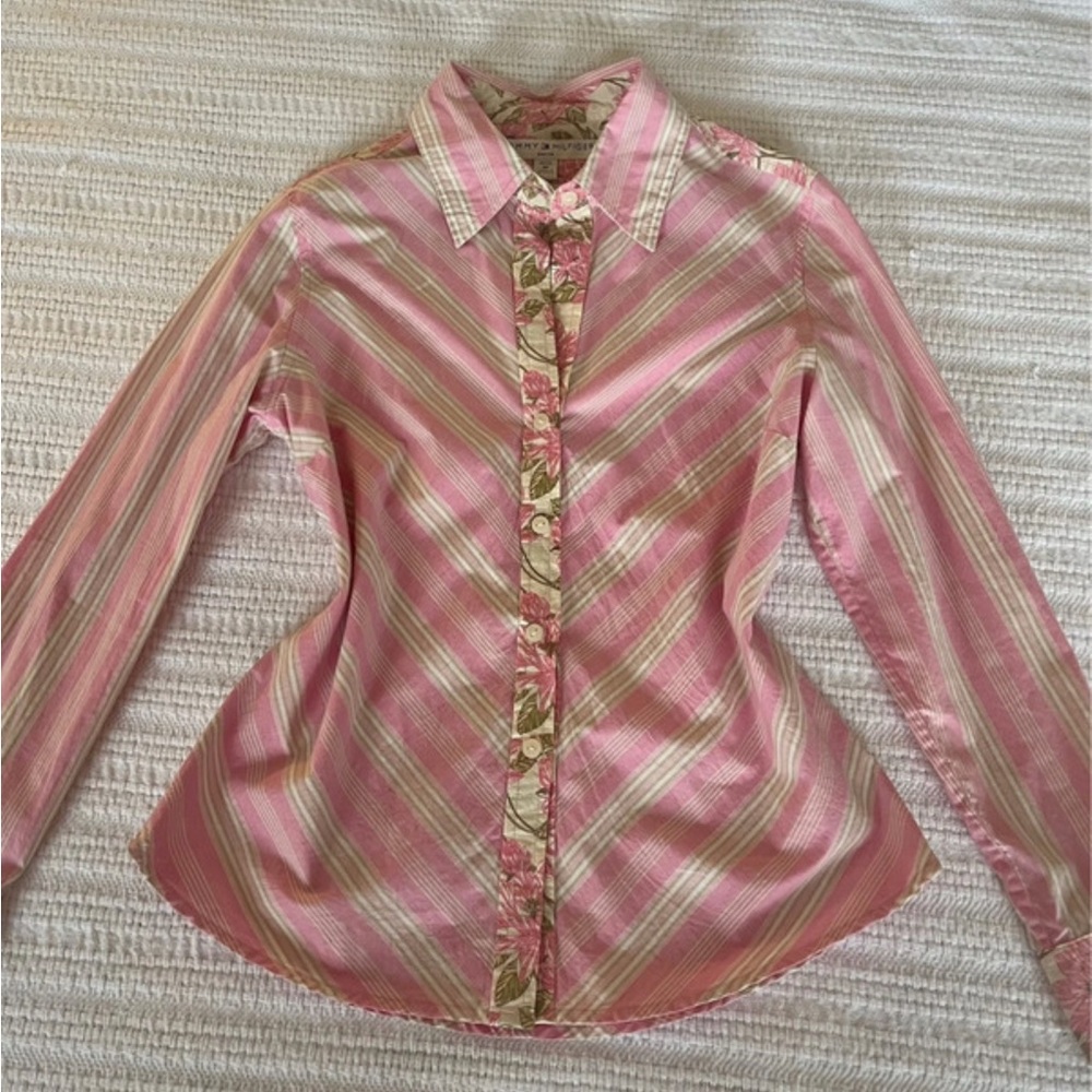 Pink Striped Button-Up Shirt with Floral Placket